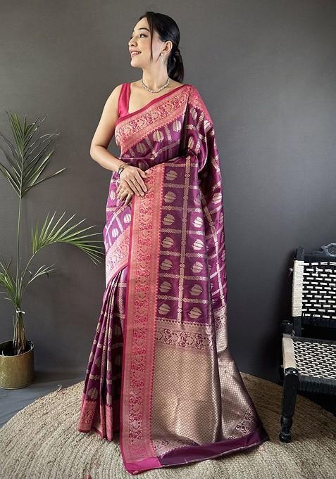 Pink Embroidered Blended Saree Set