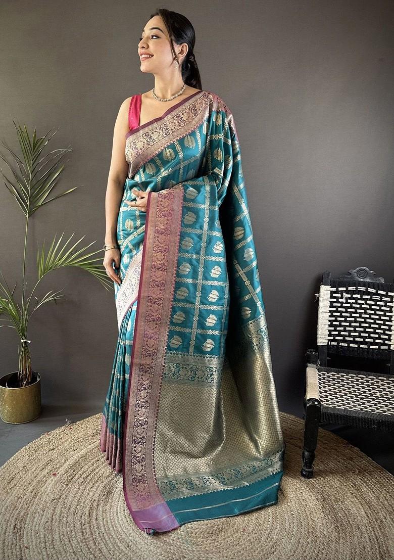 Teal Jacquard Blended Saree Set