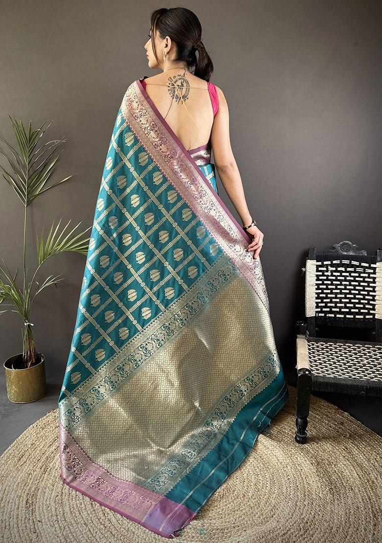 Teal Jacquard Blended Saree Set