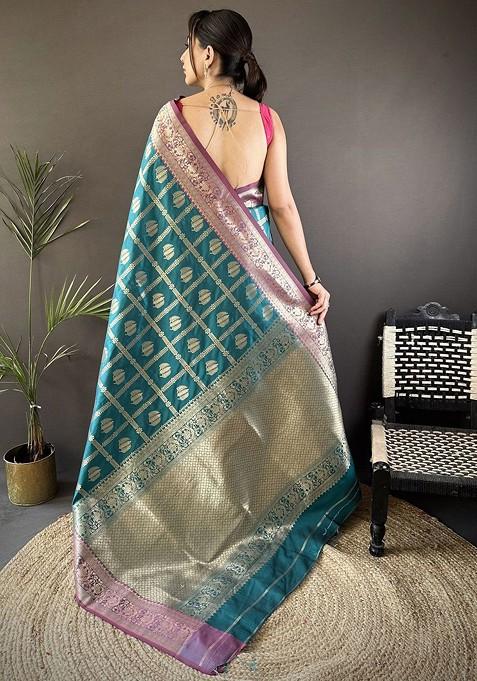 Teal Jacquard Blended Saree Set