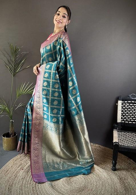 Teal Jacquard Blended Saree Set