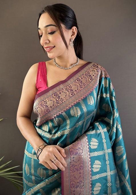 Teal Jacquard Blended Saree Set