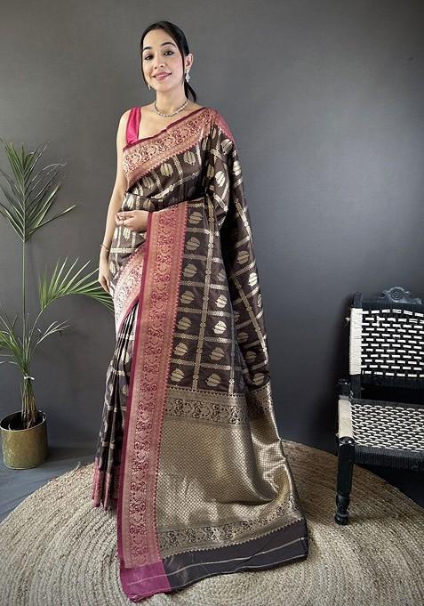 Brown Embroidered Blended Saree Set — view on Indya