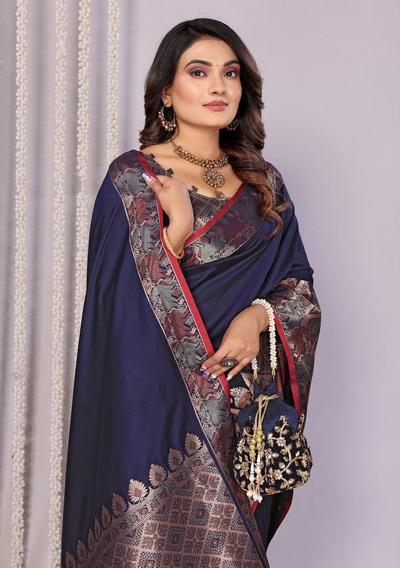 Navy Blue Embroidered Blended Saree Set