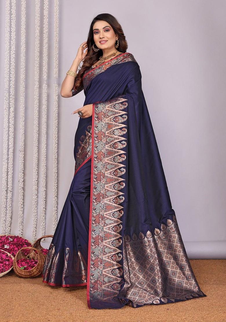Navy Blue Embroidered Blended Saree Set