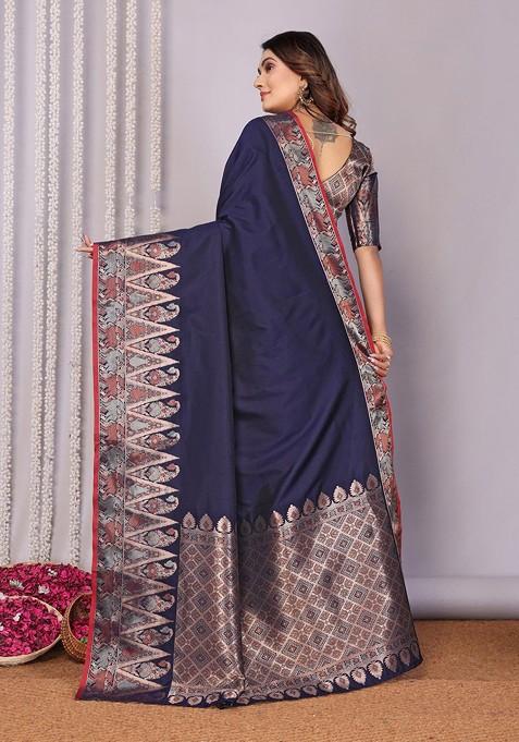Navy Blue Embroidered Blended Saree Set
