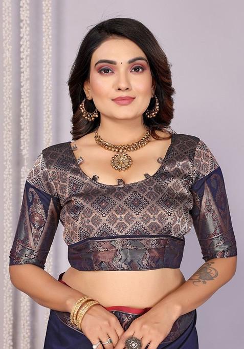 Navy Blue Embroidered Blended Saree Set