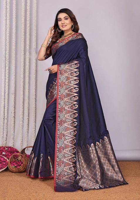 Navy Blue Embroidered Blended Saree Set