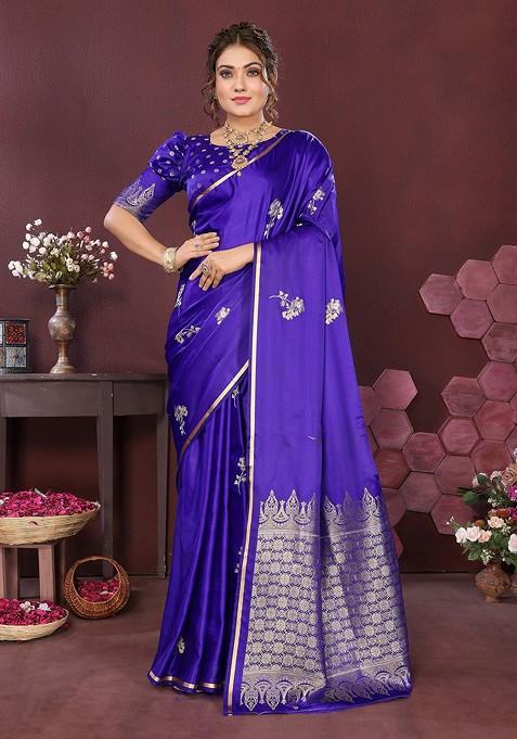 Navy Blue Embroidered Blended Saree Set — view on Indya
