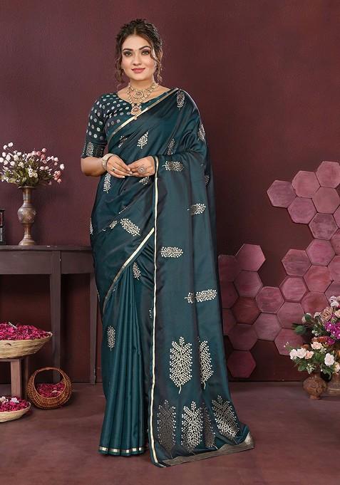 Teal Embroidered Blended Saree Set