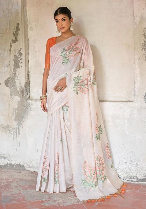 White Embroidered Blended Saree Set