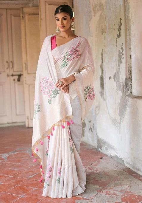 Pink Embroidered Blended Saree Set