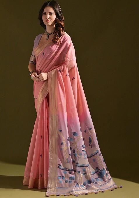 Peach Embroidered Blended Saree Set