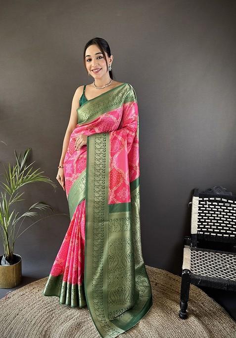 Pink Embroidered Blended Saree Set