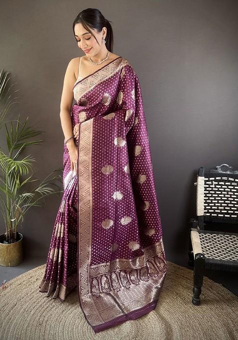 Purple Embroidered Blended Saree Set