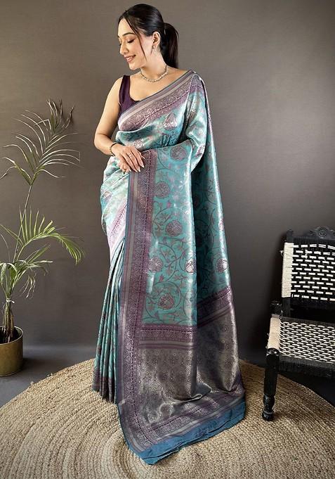 Blue Embroidered Blended Saree Set