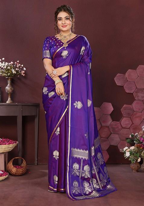 Violet Embroidered Blended Saree Set — view on Indya