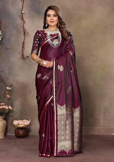 Maroon Jacquard Blended Saree Set — view on Indya