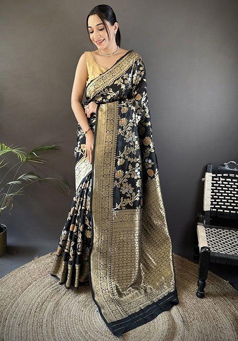 Black Jacquard Blended Saree Set — view on Indya