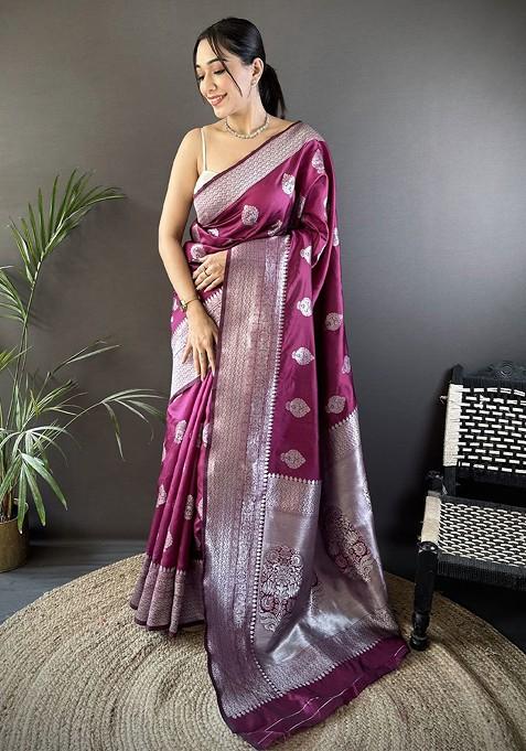 Burgundy Embroidered Blended Saree Set
