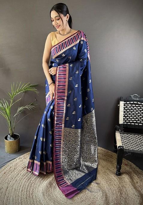 Navy Blue Embroidered Blended Saree Set