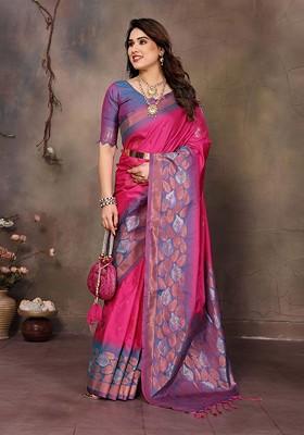 Pink Jacquard Blended Saree Set