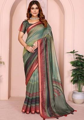 Green Embroidered Blended Saree Set