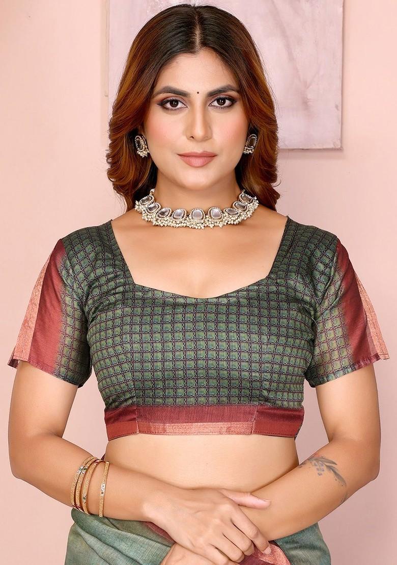 Green Embroidered Blended Saree Set - Indya