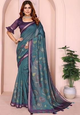 Blue Embroidered Blended Saree Set