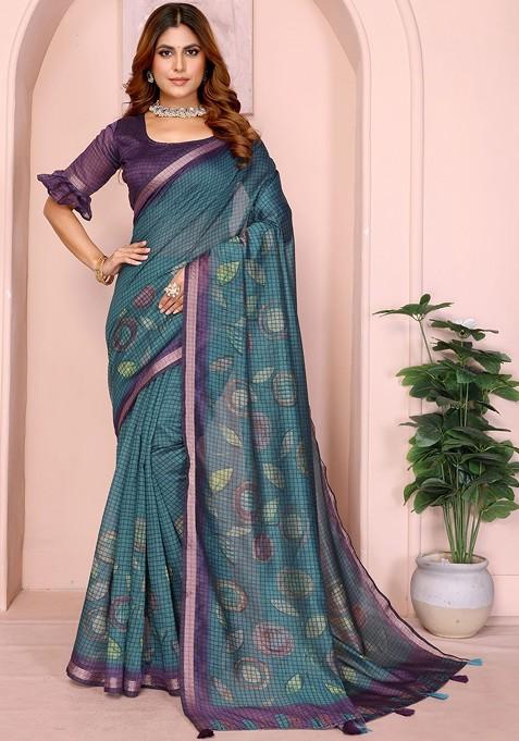 Blue Embroidered Blended Saree Set