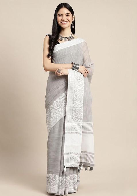 Grey Embroidered Blended Saree Set
