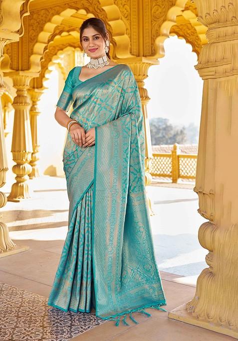 Blue Embroidered Blended Saree Set