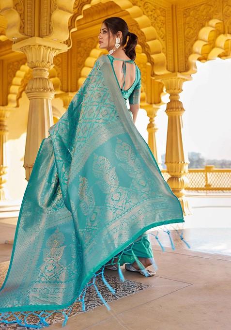 Blue Embroidered Blended Saree Set