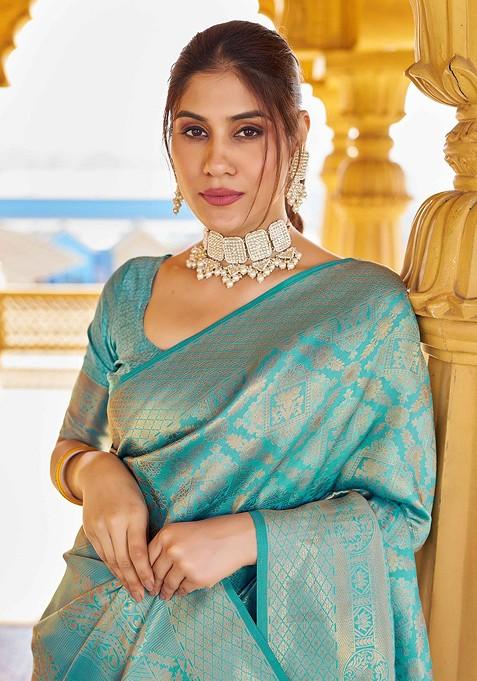 Blue Embroidered Blended Saree Set