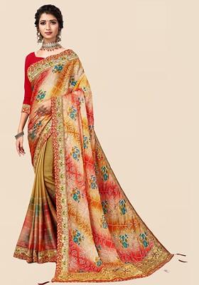 Beige Printed Blended Saree Set