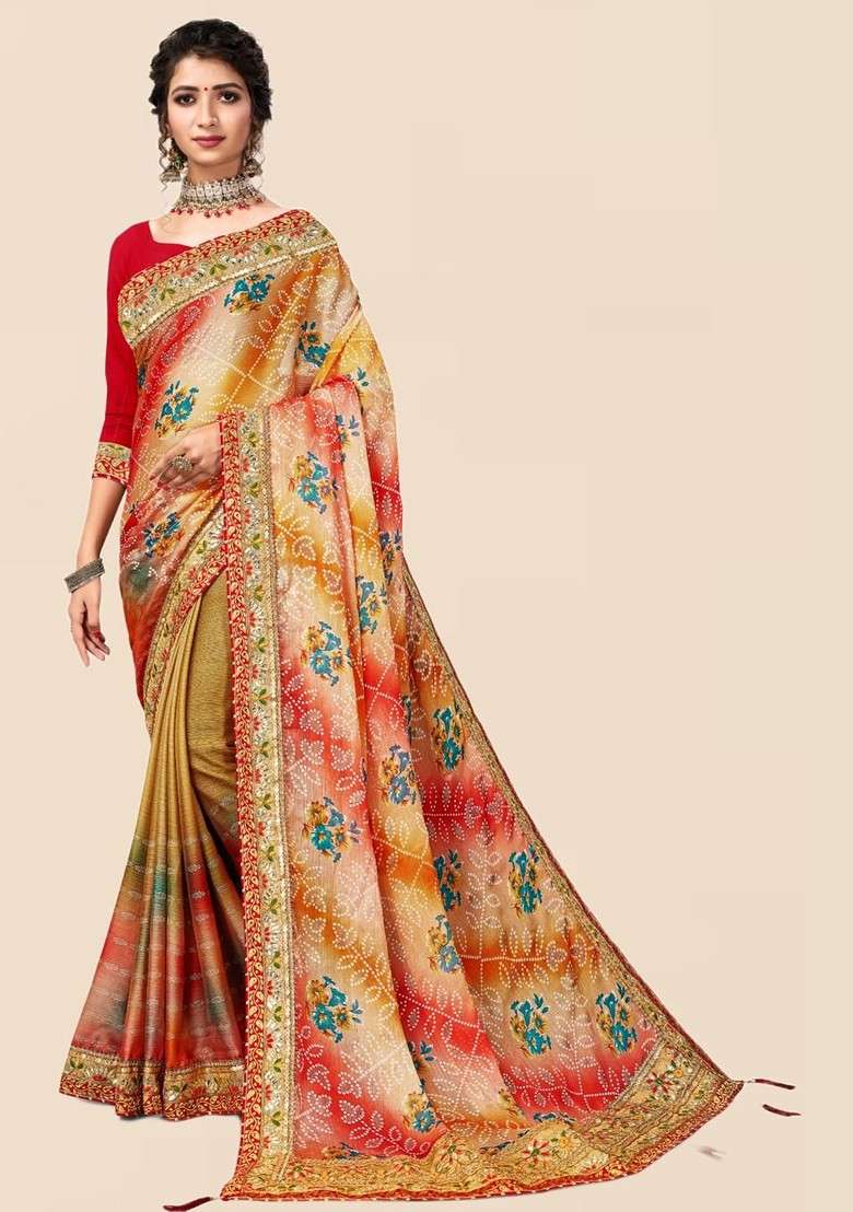 Beige Printed Blended Saree Set - Indya