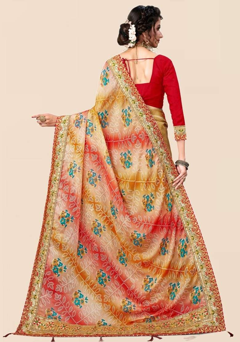 Beige Printed Blended Saree Set - Indya