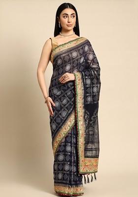 Navy Blue Printed Blended Saree Set