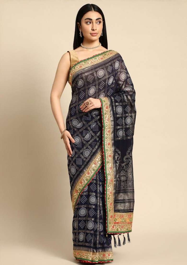 Navy Blue Blended Saree Set with Printed for Diwali | Wedding & Festive Wear - Indya