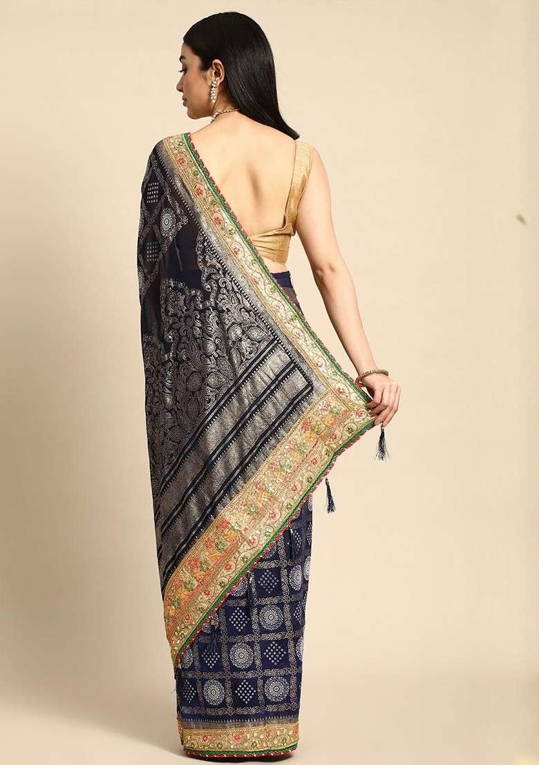 Navy Blue Blended Saree Set with Printed for Diwali | Wedding & Festive Wear - Indya