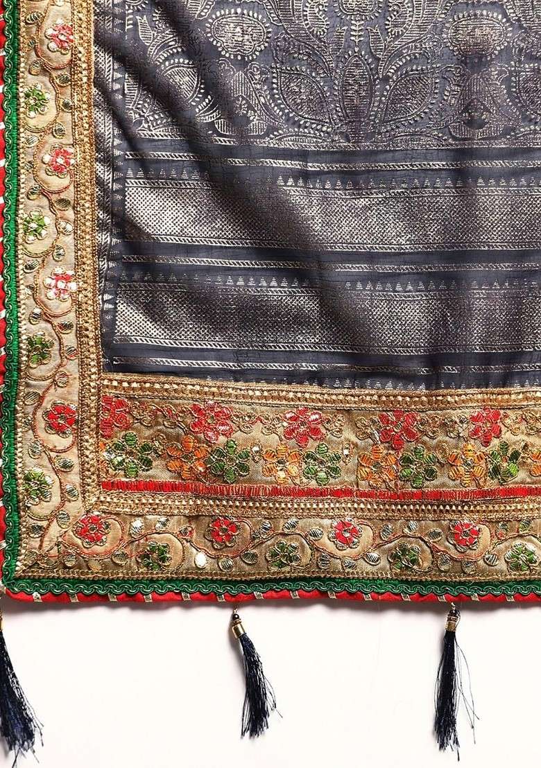 Navy Blue Blended Saree Set with Printed for Diwali | Wedding & Festive Wear - Indya