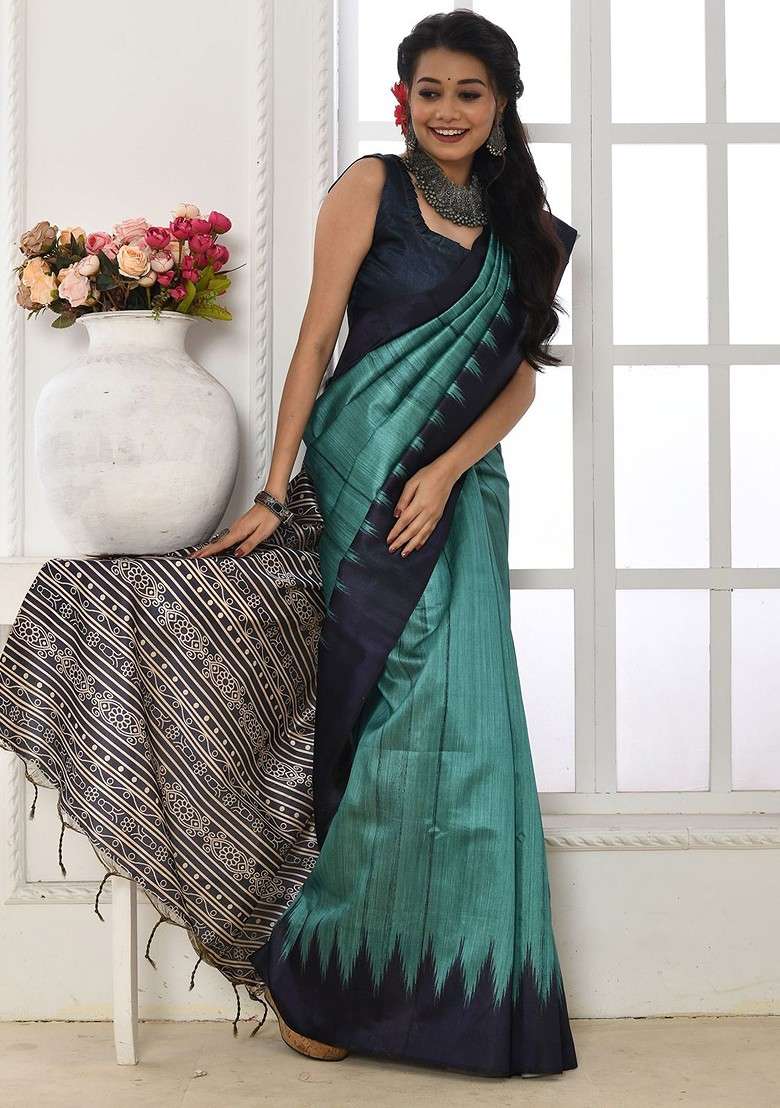 Teal Printed Blended Saree Set - Indya
