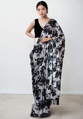 Off White Printed Blended Saree Set