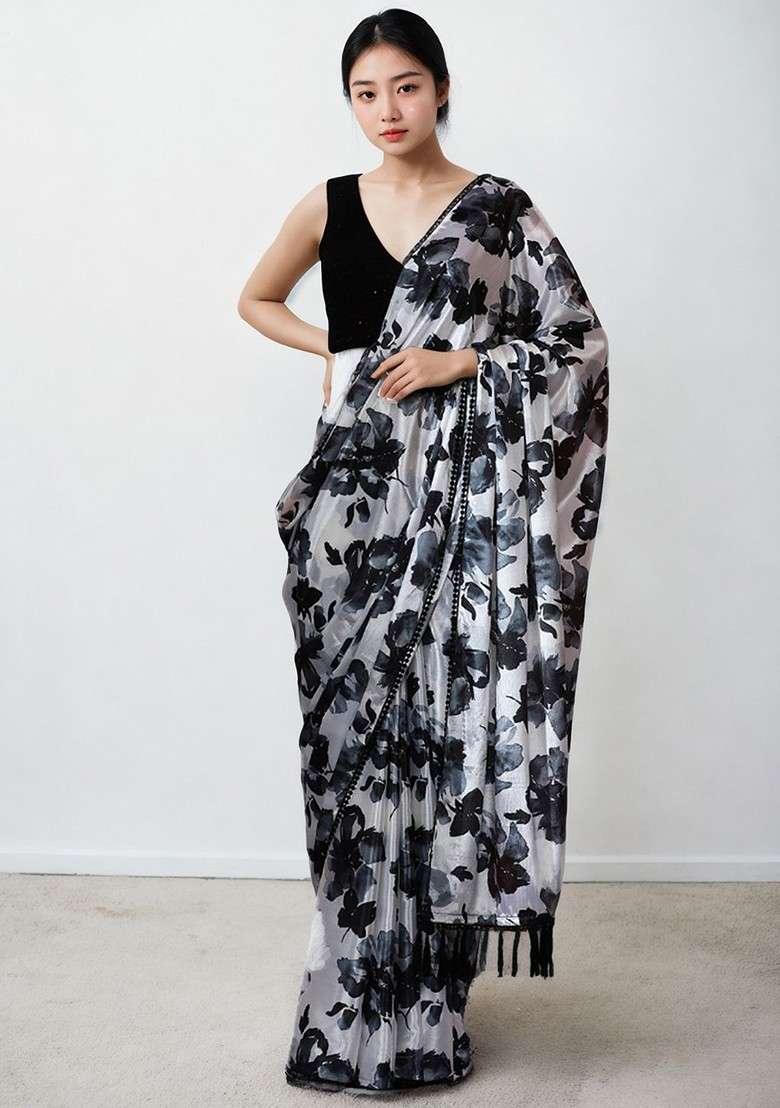 Off White Printed Blended Saree Set - Indya