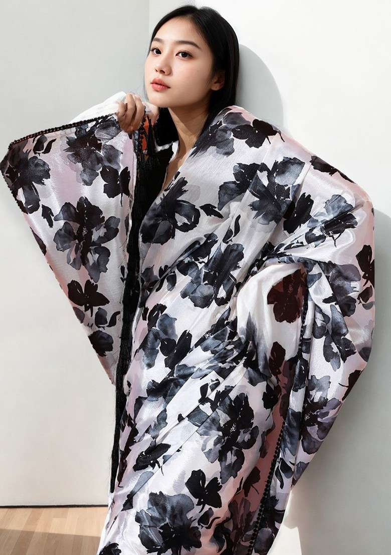 Off White Printed Blended Saree Set - Indya