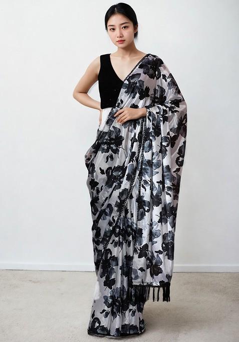 Off White Printed Blended Saree Set