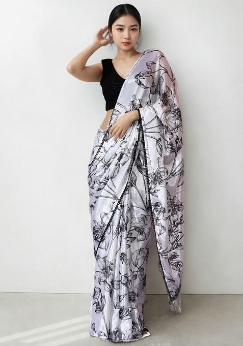 White Printed Blended Saree Set