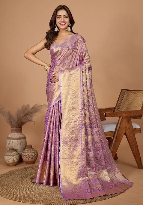 Lavender Embroidered Blended Saree Set