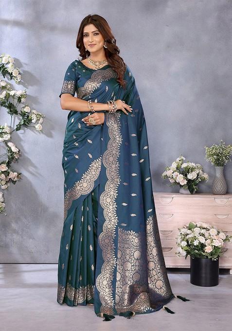 Blue Embroidered Blended Saree Set