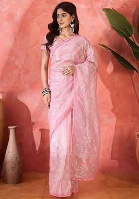 Pink Embellished Blended Saree Set